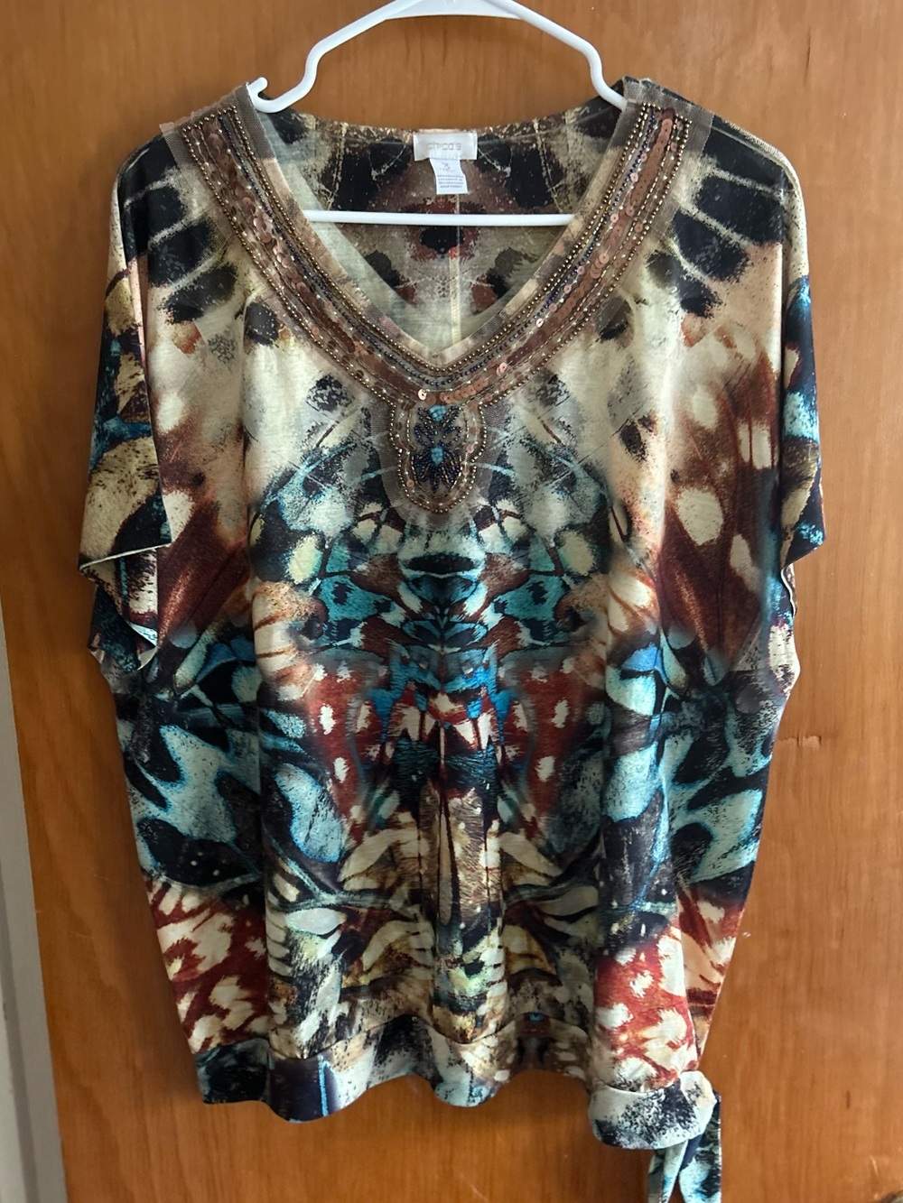 Chico's Multicolor Embellished V-Neck Tunic with Teal and Brown